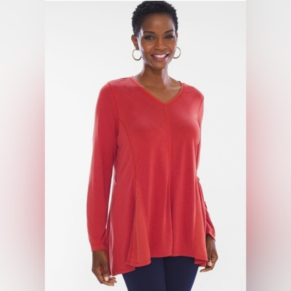 Chicos Zenergy Womens Red Long Sleeve V-Neck Tunic Top‎ Size 1 Medium 8/10